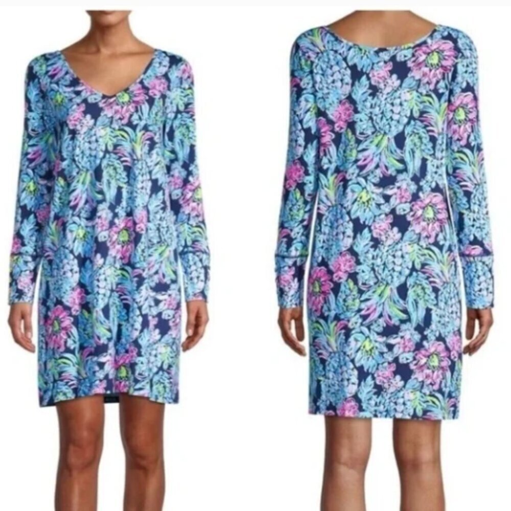 Lilly Pulitzer Kaisley dual neck UPF 50+ dress high tide navy pineapple paradise